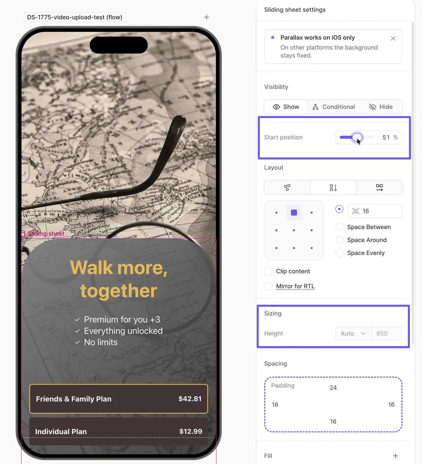 Sliding sheet settings with Start position highlighted and Height locked to Auto, beside the phone preview showing the selected sheet over the hero photo