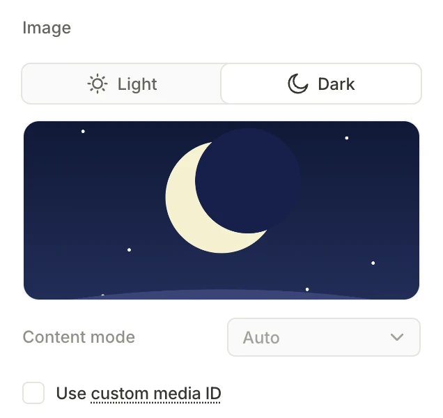 The Image section of an Image element with the Dark tab selected and a dark-mode image uploaded