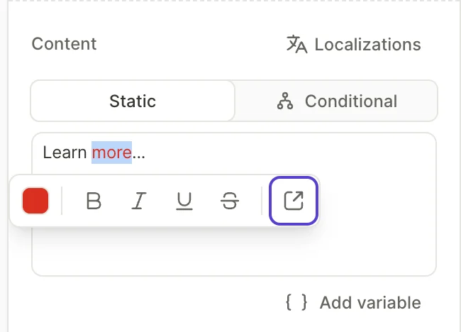 Formatting tooltip with the link button highlighted