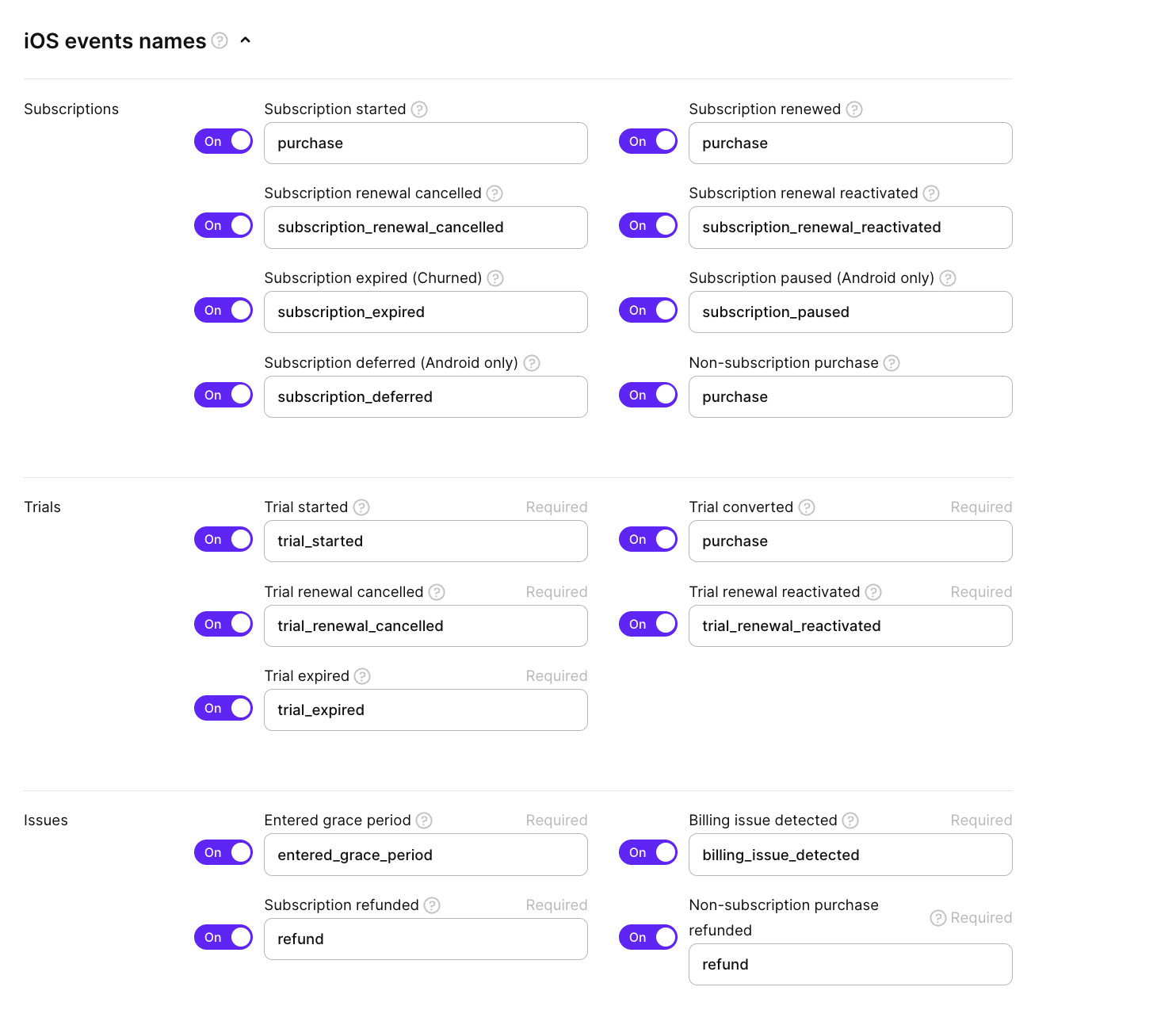 Adapty Dashboard Firebase event names configuration