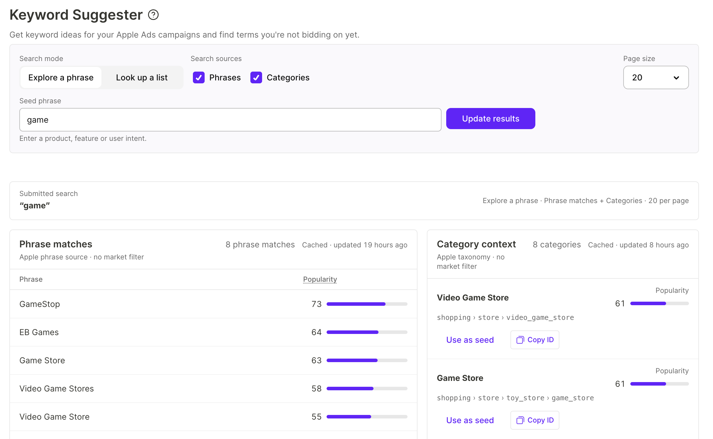 Keyword Suggester query builder with an Explore a phrase search and phrase match results