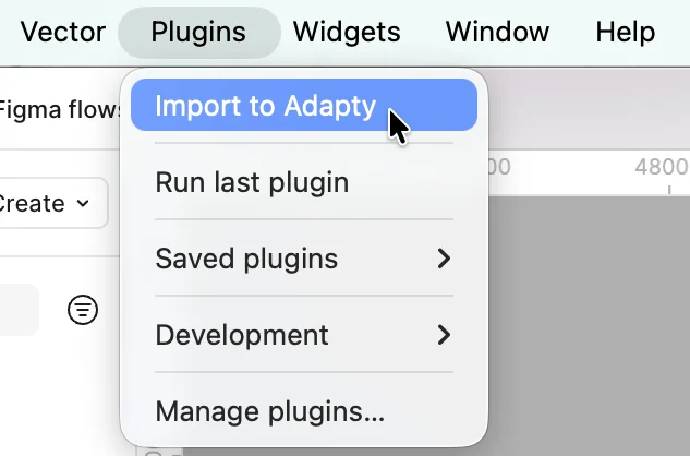 Figma's Plugins menu with Import to Adapty highlighted at the top