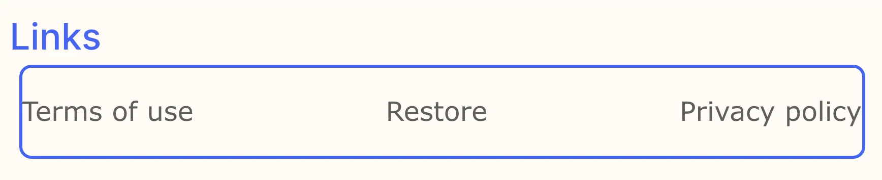 The Links preset on canvas with Terms of use, Restore, and Privacy policy buttons