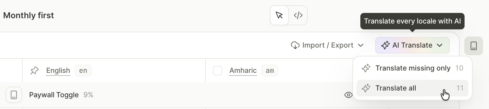 AI Translate menu in the Localizations panel header, with Translate missing only and Translate all