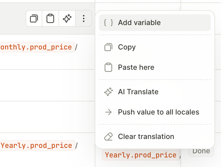Cell toolbar and its context menu, with Add variable, Copy, Paste here, AI Translate, Push value to all locales, and Clear translation