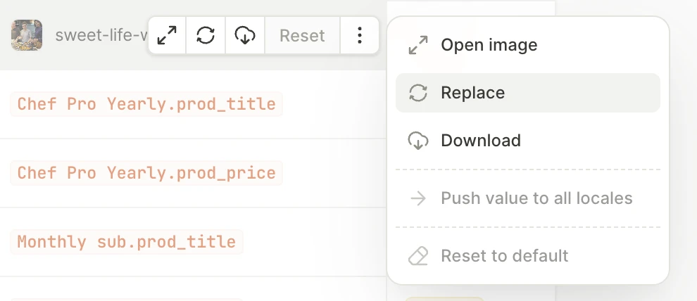 Image cell in the Localizations panel with the Open image, Replace, Download, and Reset buttons, and its context menu
