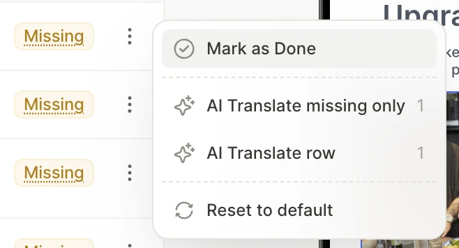 Row context menu with Mark as Done, AI Translate missing only, AI Translate row, and Reset to default