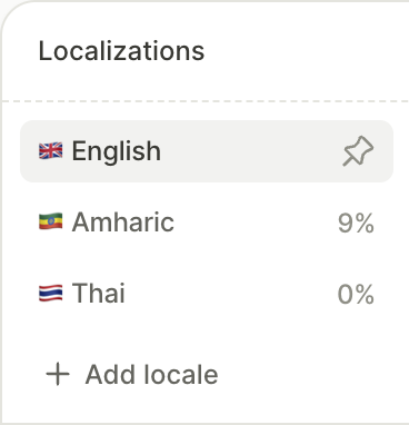 Locale tabs in the Localizations panel sidebar, with a pin on the default locale and a percentage on each other locale