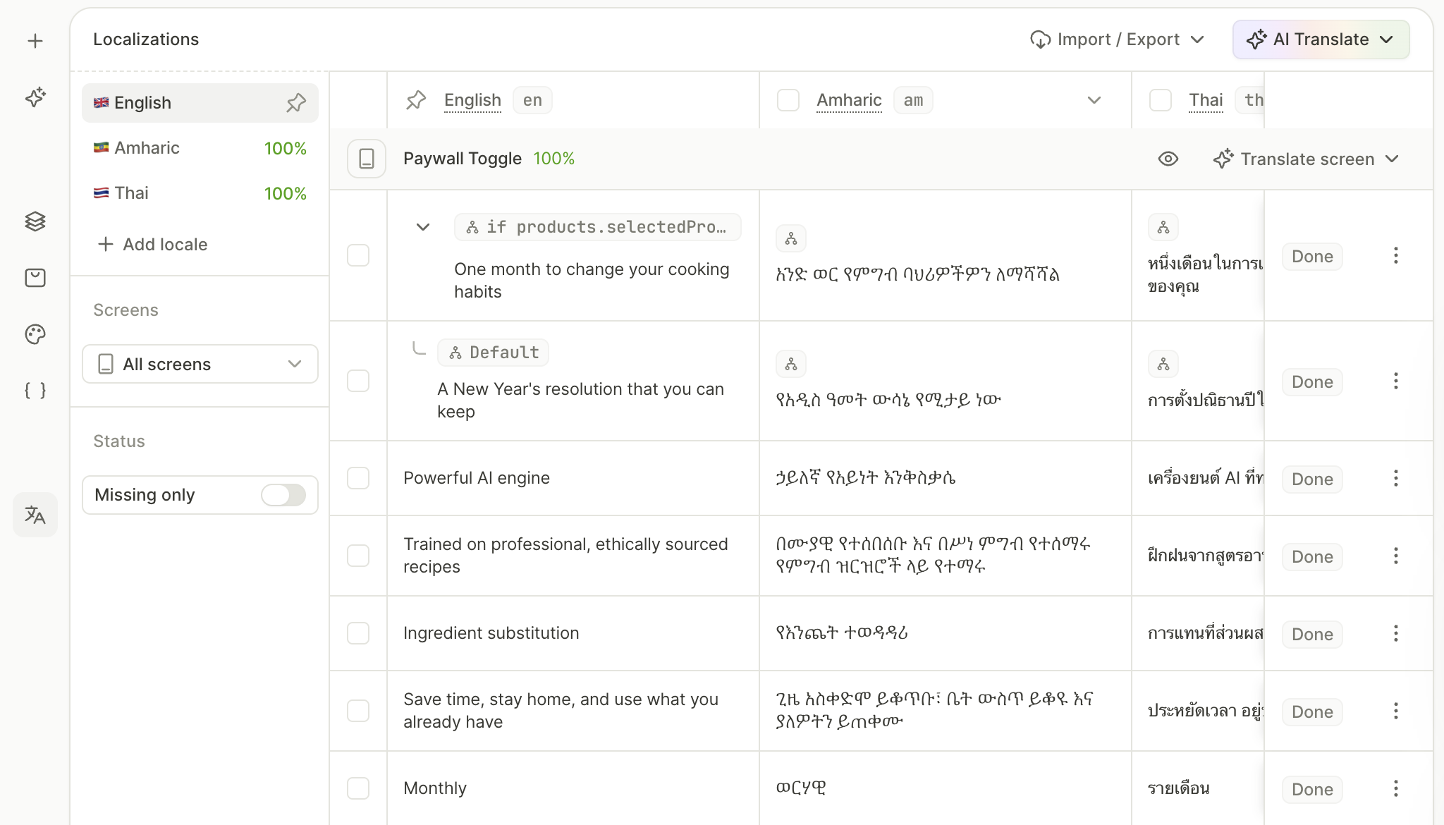 Localizations panel with the locale tabs, the filters, and the localization table