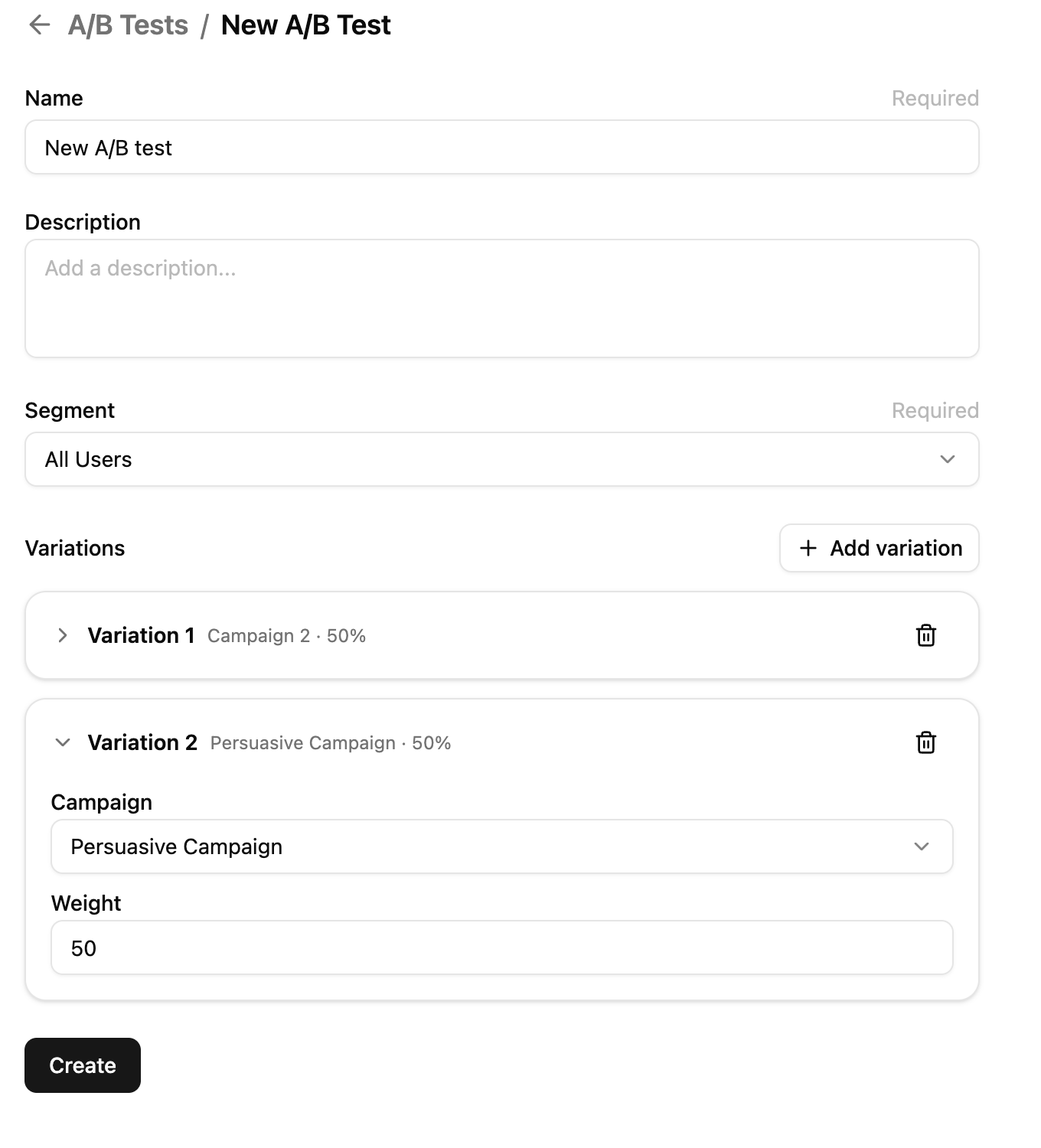 A/B Test create form with variations, weights, and segment selection