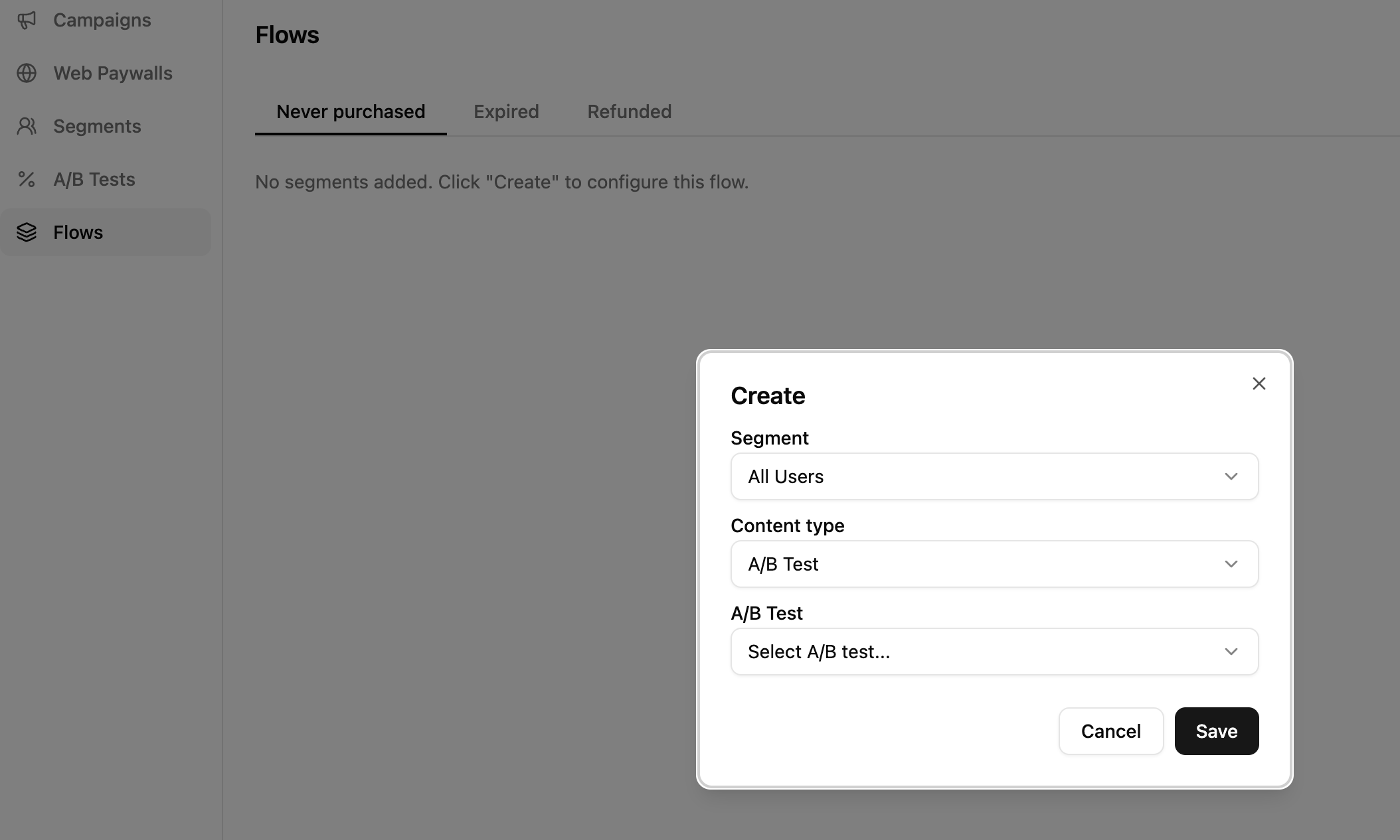 A/B Test create form with variations, weights, and segment selection