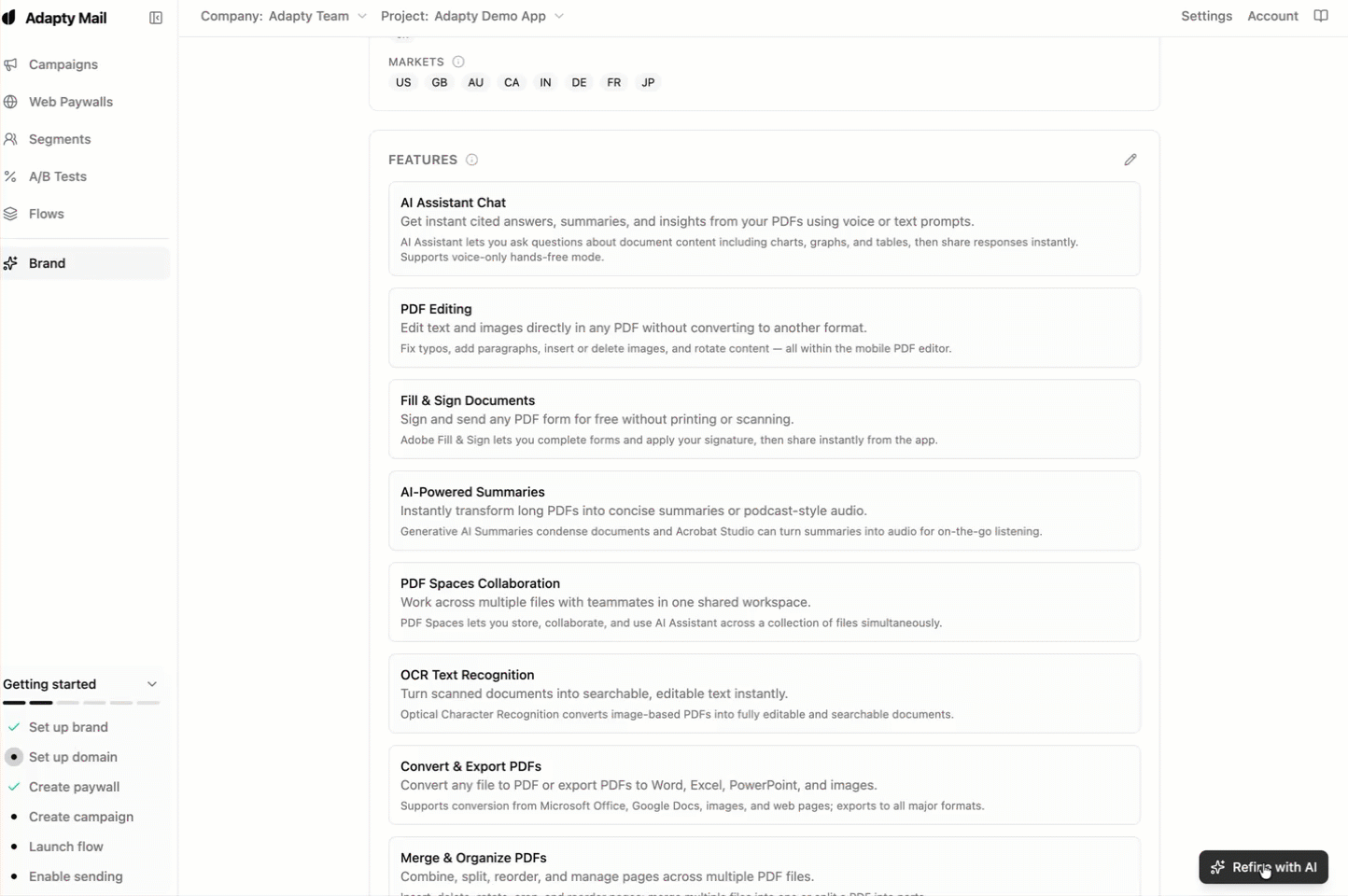Refine with AI chat panel open beside the brand view, showing a prompt and the proposed brand changes
