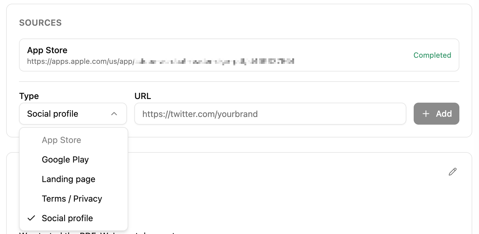 Sources panel inside the brand view with completed sources listed and the Add form below