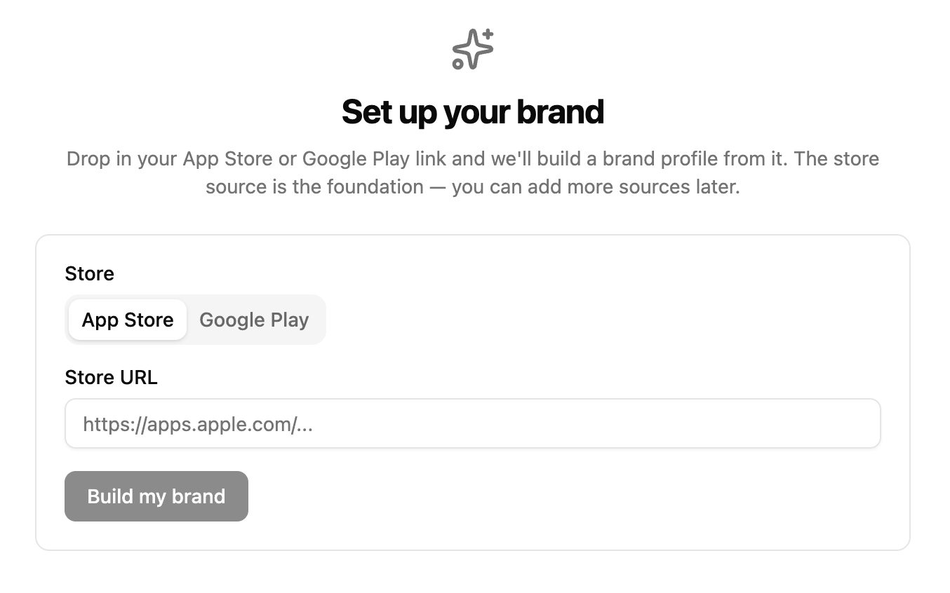 Brand start screen with App Store and Google Play tabs and the listing URL input field