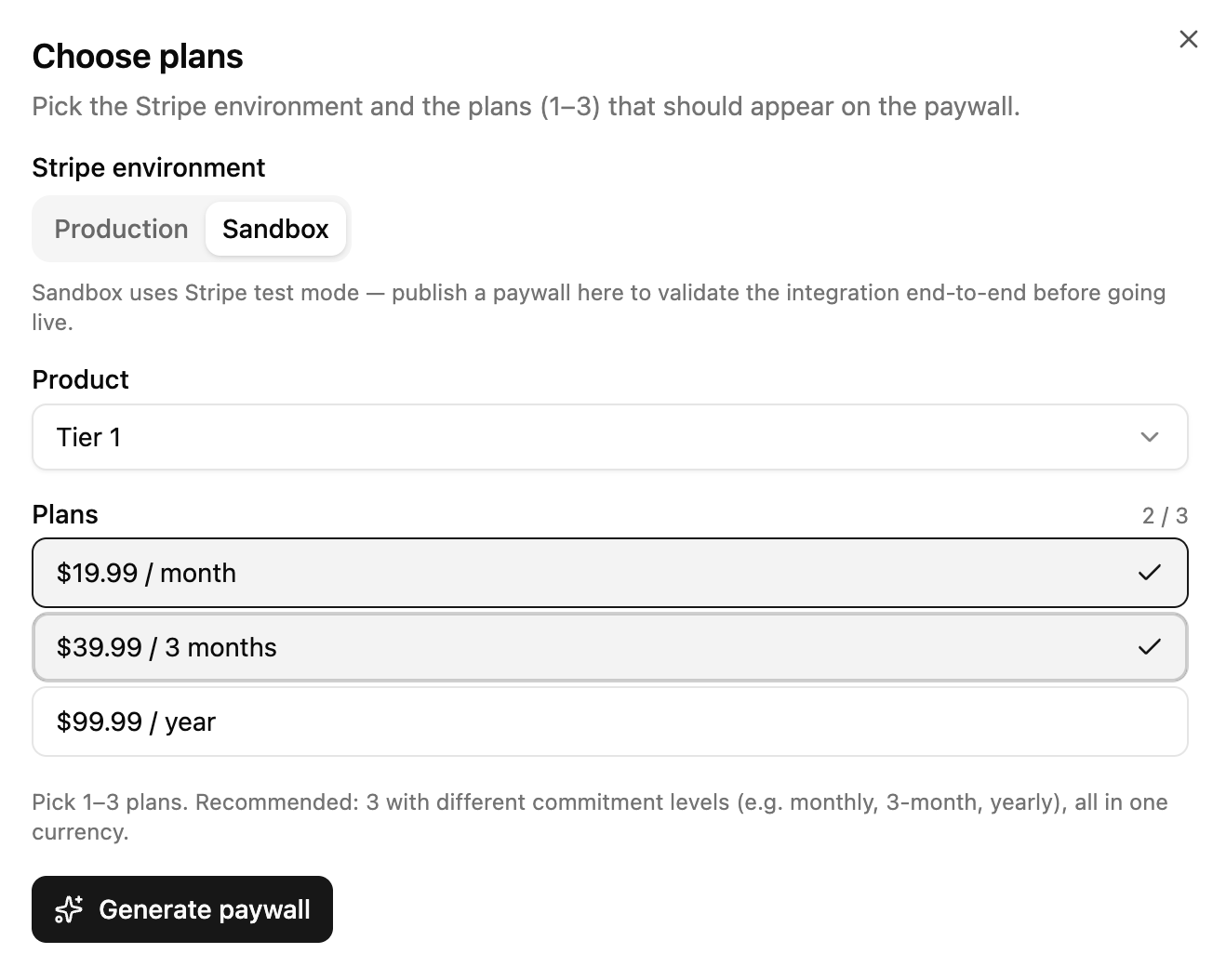 Web paywall generation dialog with Environment toggle and Stripe plan selector