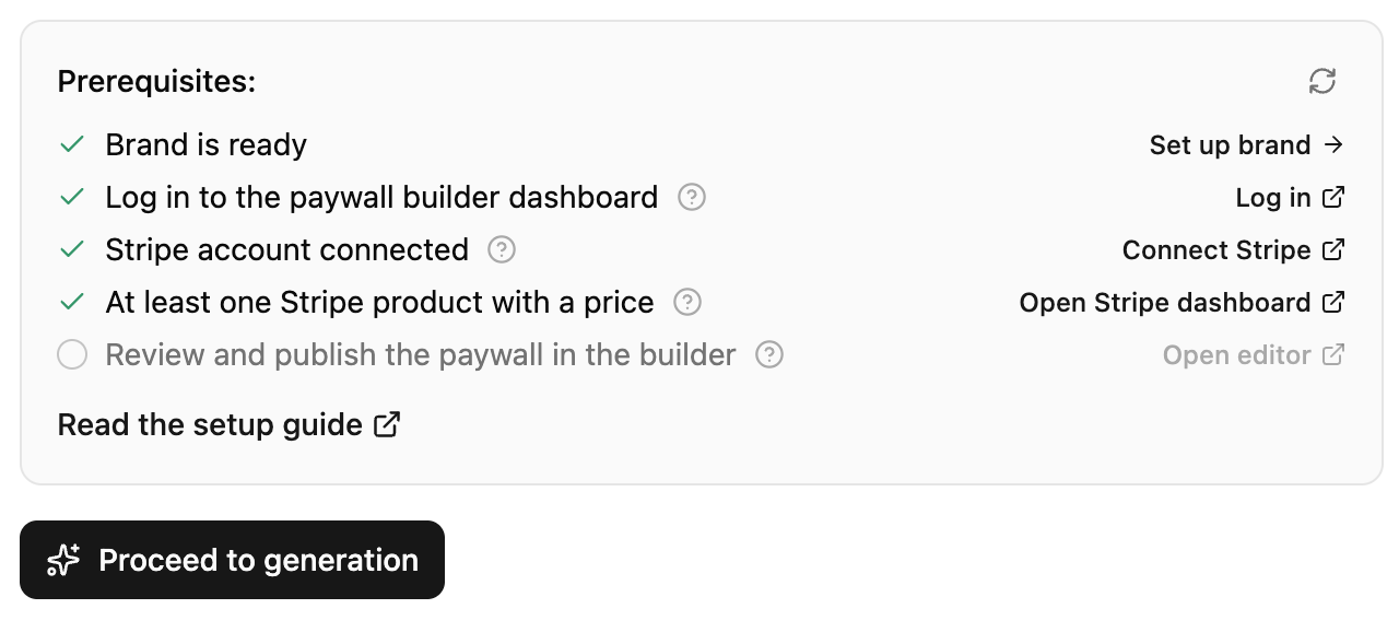 Prerequisites panel on the Web Paywall Create page with checklist items and inline action buttons