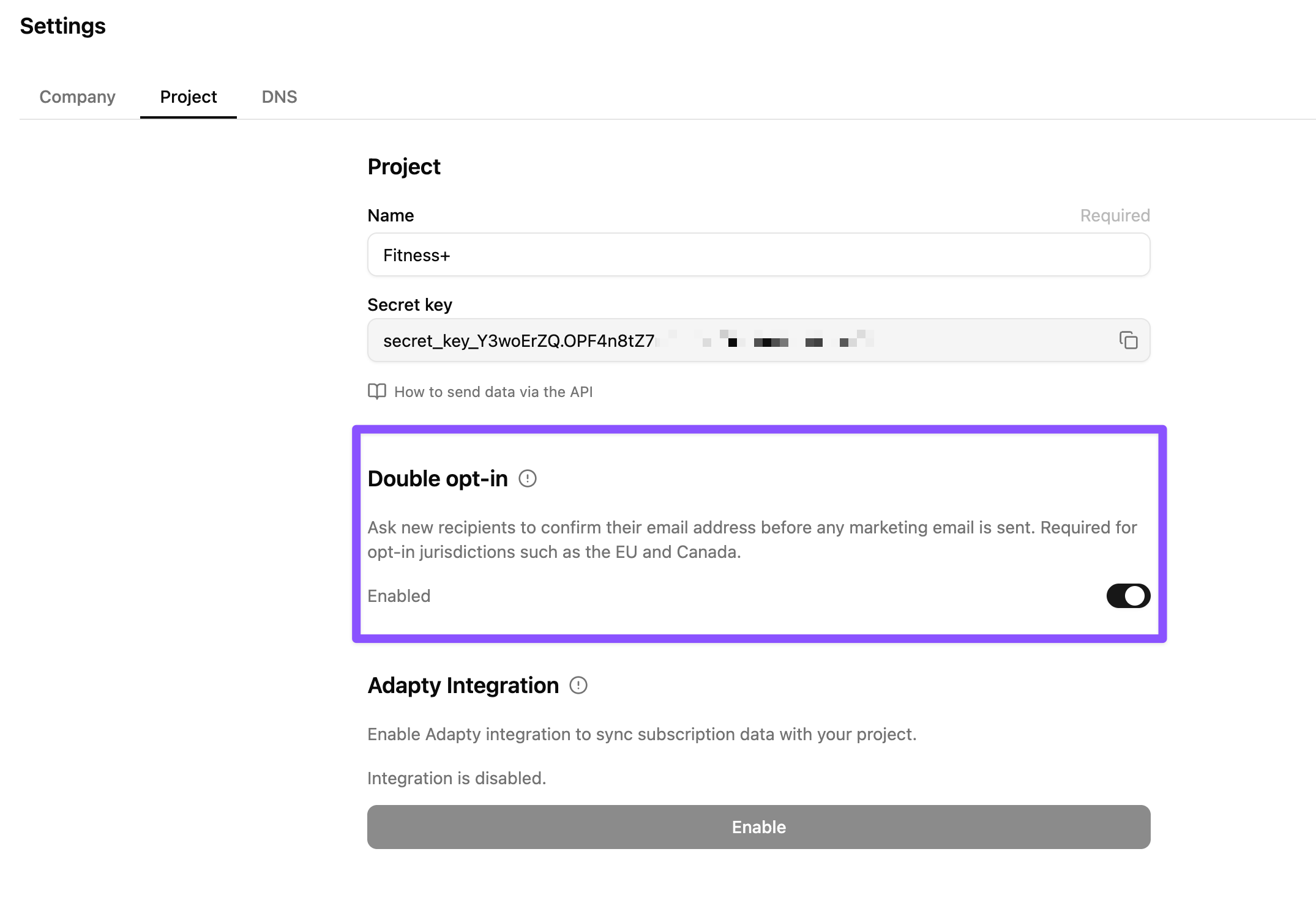 The Double opt-in section on the Settings → Project tab, with the switch set to Enabled