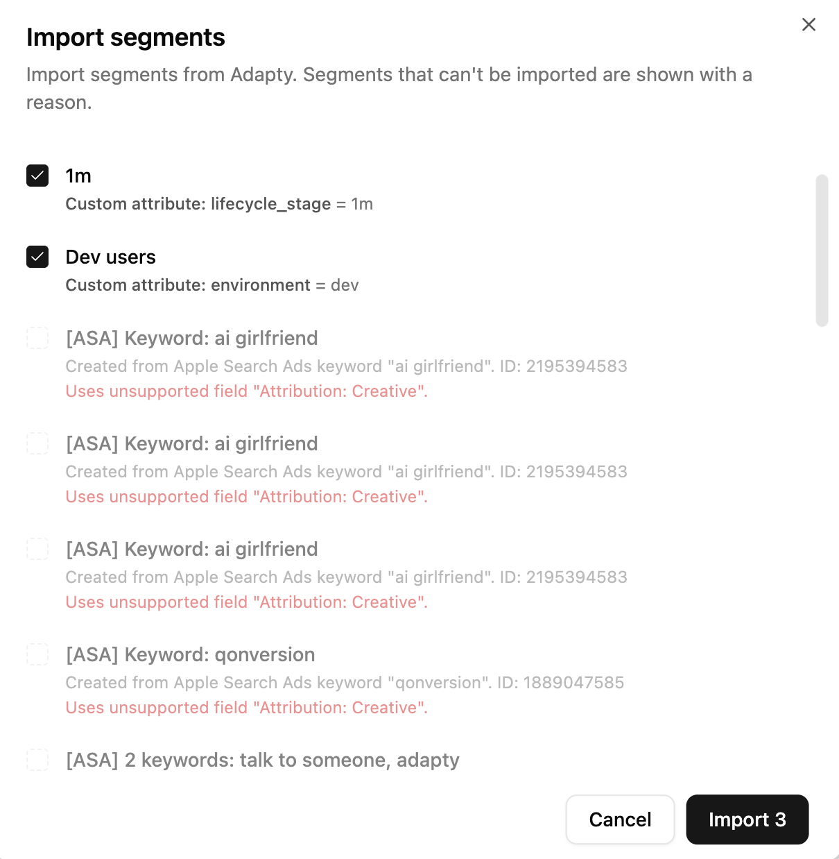 Import segments dialog with importable segments checked and unimportable segments grayed out with rejection reasons