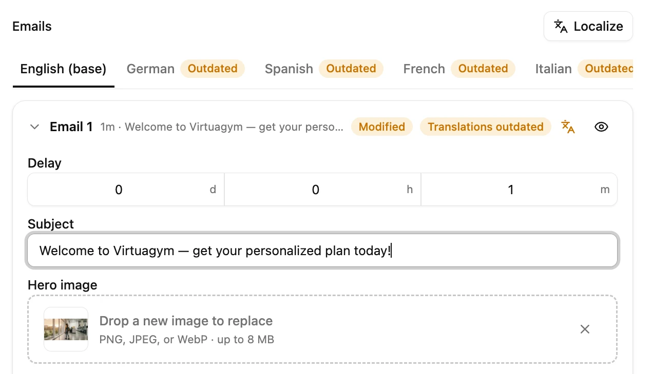Outdated badges on the German, Spanish, French, and Italian tabs, and the Modified and Translations outdated badges with the Update translations icon on the first email of the English (base) tab