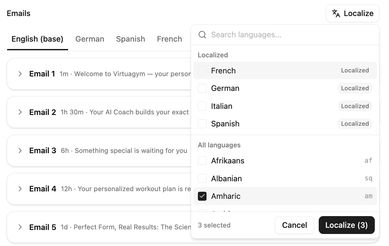The language list under the Localize button, with the Localized and All languages sections, three languages selected, and the Localize (3) button