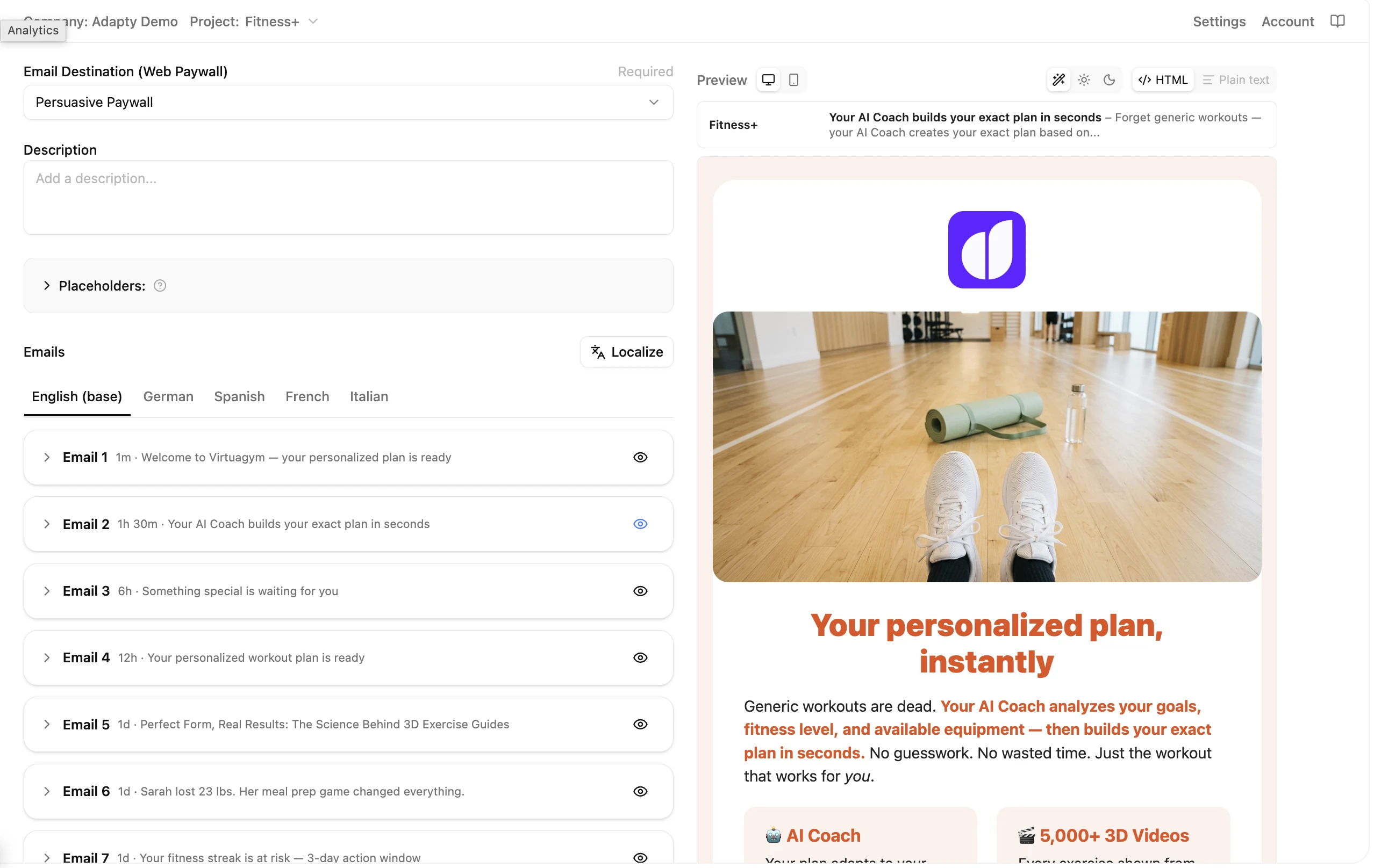 The campaign editor with language tabs above the email cards, next to the email preview