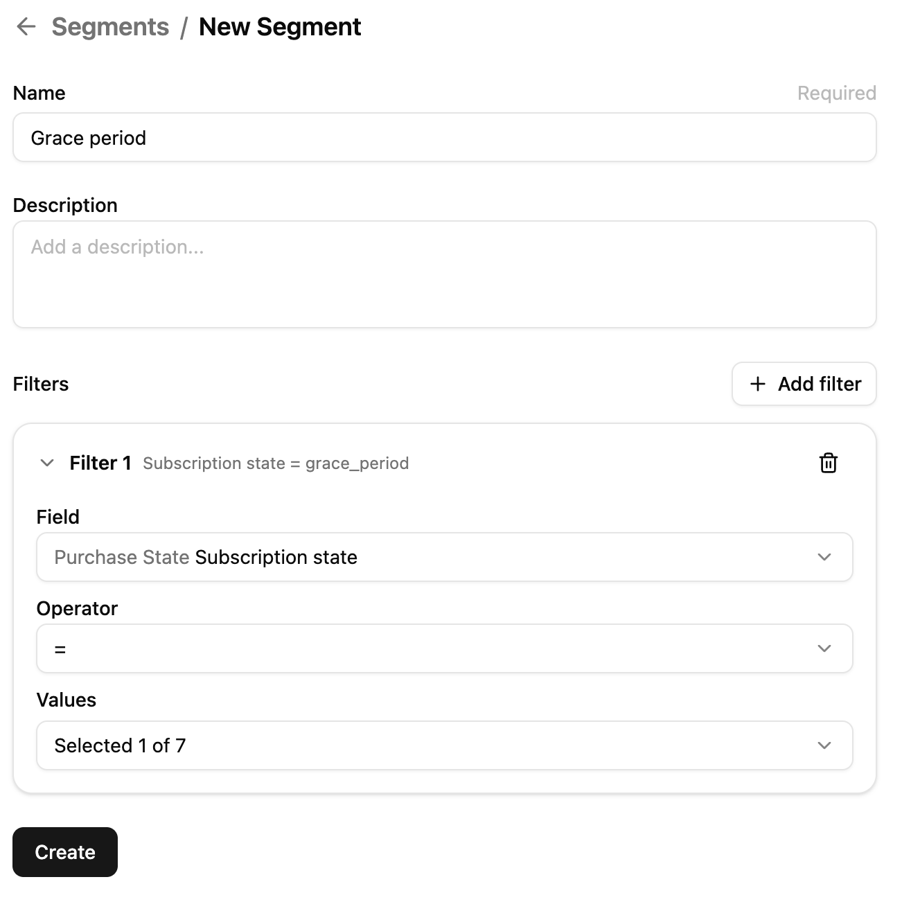 New Segment form with Name, Description, and Filters fields