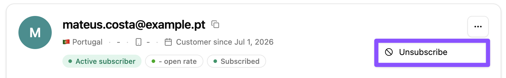 Profile header with the actions menu open and the Unsubscribe option
