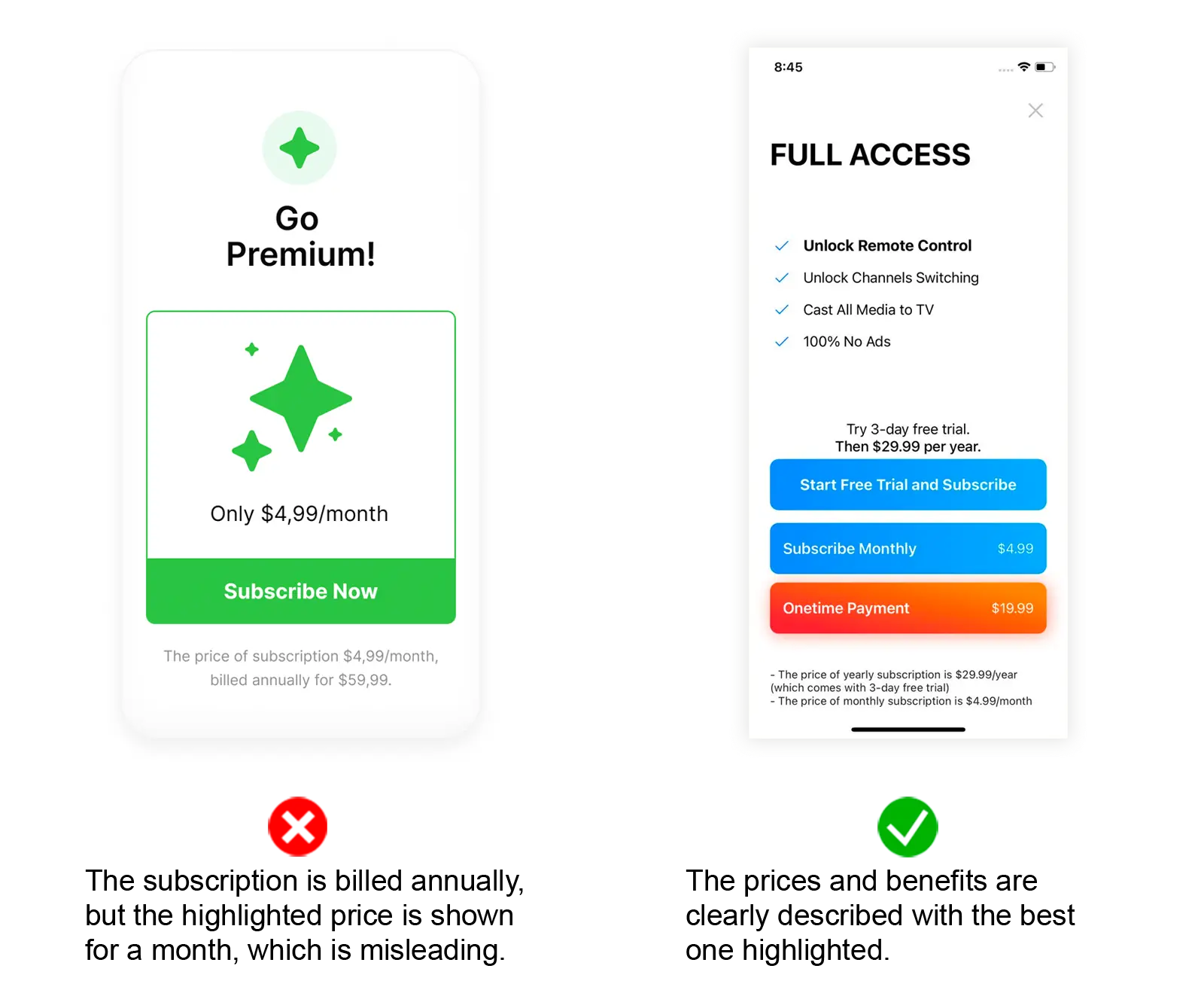 Paywall comparison: misleading vs compliant product selection