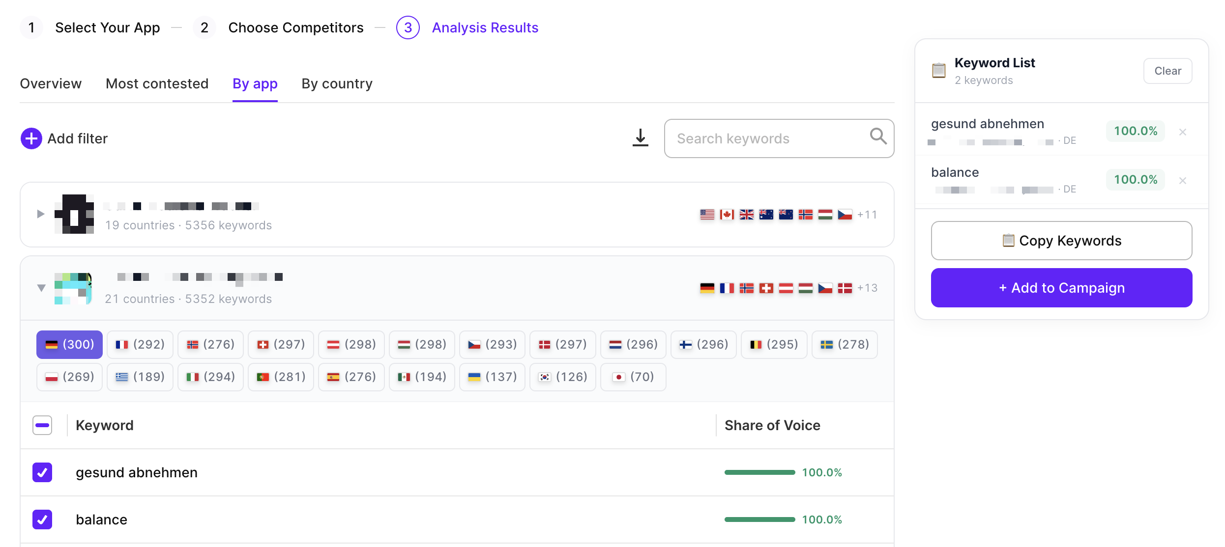 Add to campaign dialog with keyword type, campaign, ad group, match type, and bid settings
