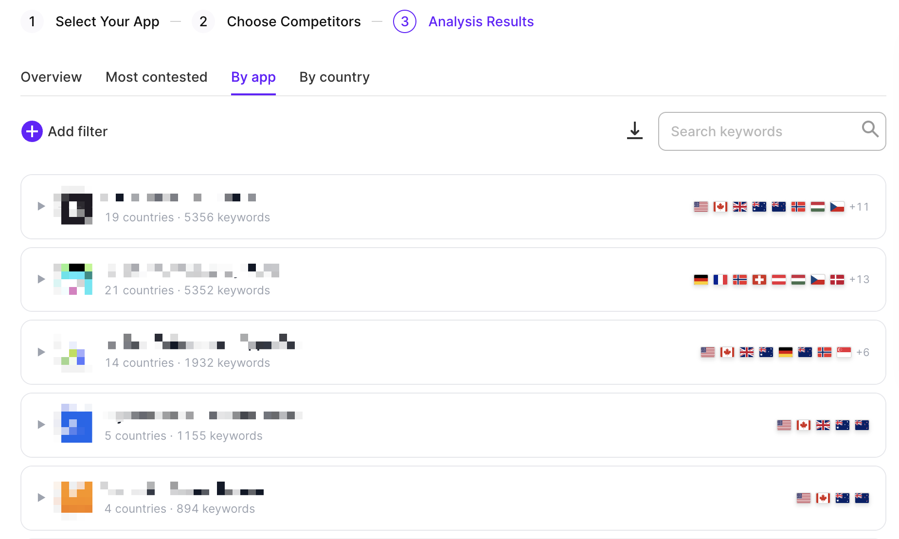 By App tab showing keyword data per competitor