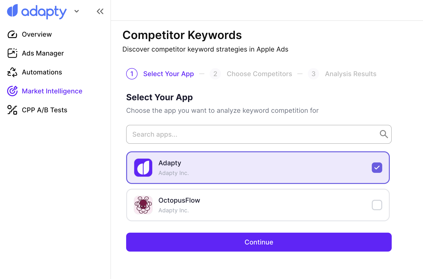 Market Intelligence app selection screen