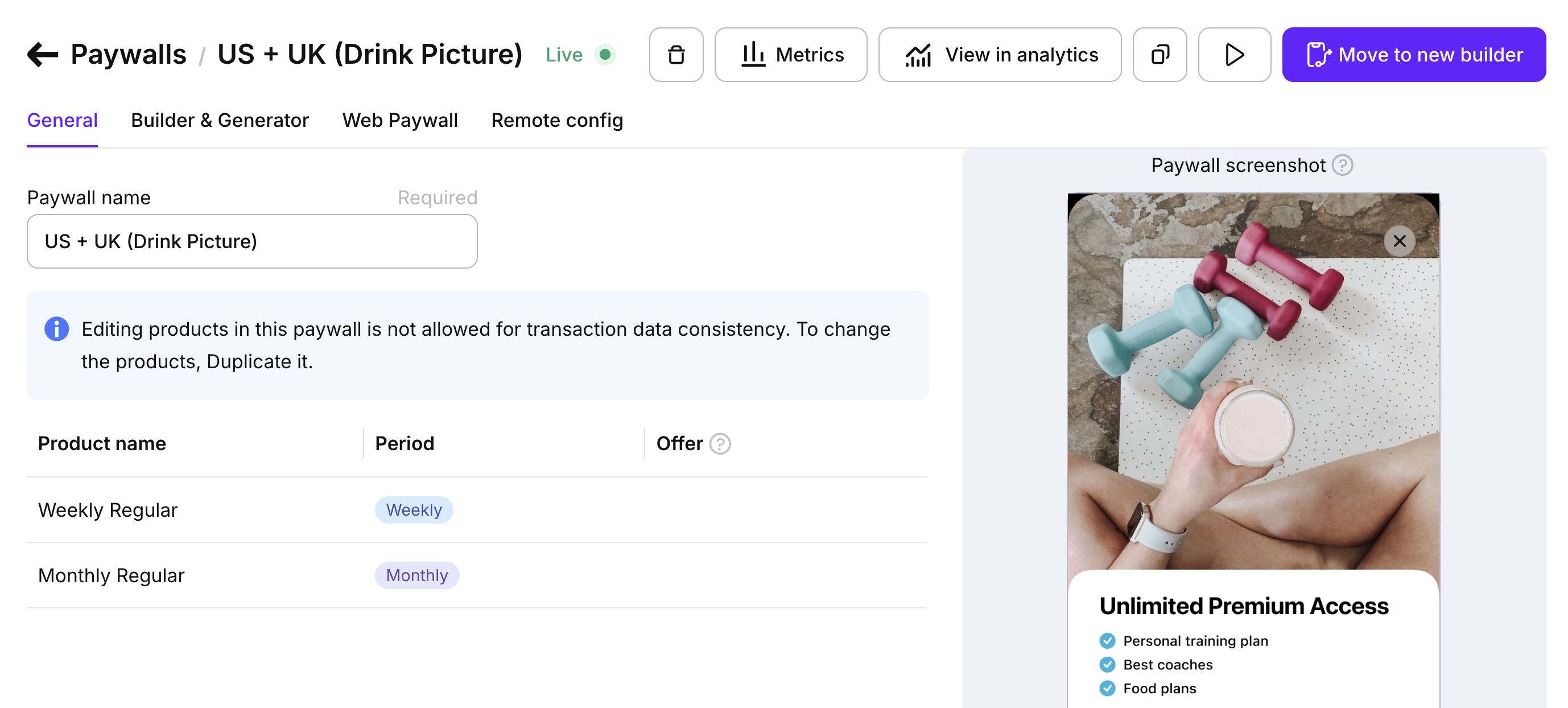 Move to new builder button in the paywall action row