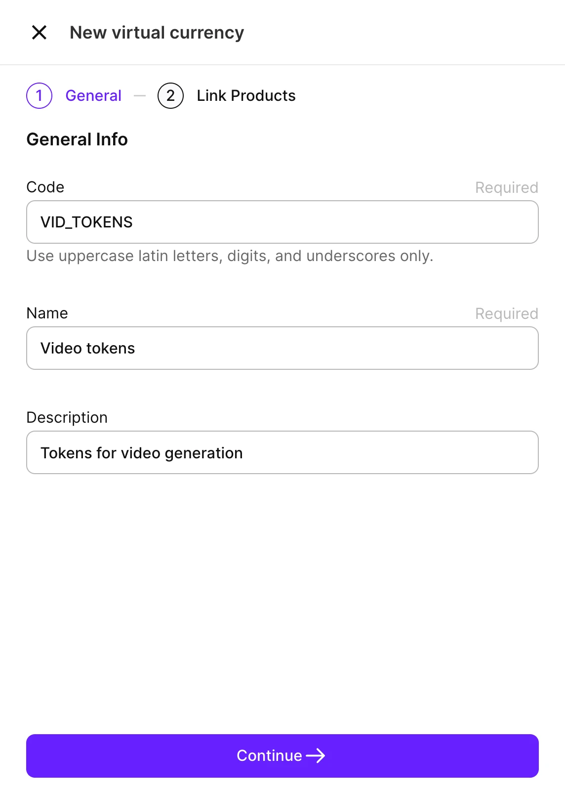 The General step of the New virtual currency drawer, with Code, Name, and Description fields