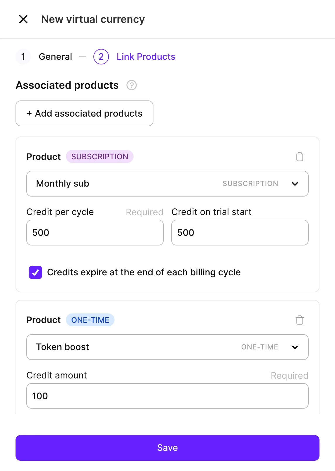 The Link Products step, linking a one-time product and a subscription product with their credit settings