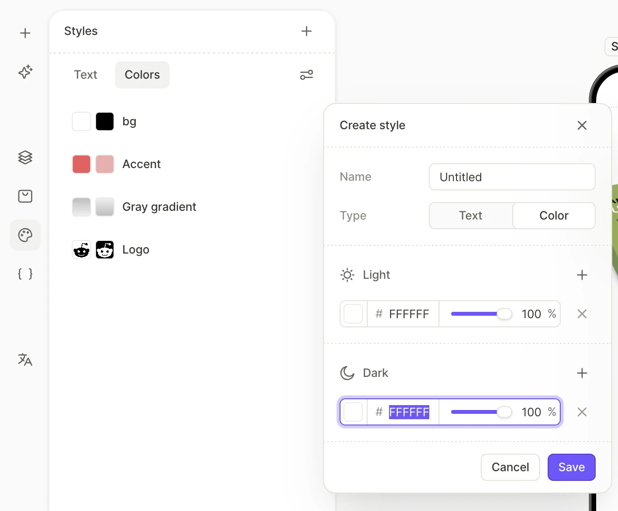 The Create style form with Type set to Color and a white solid color in the Light and Dark sections