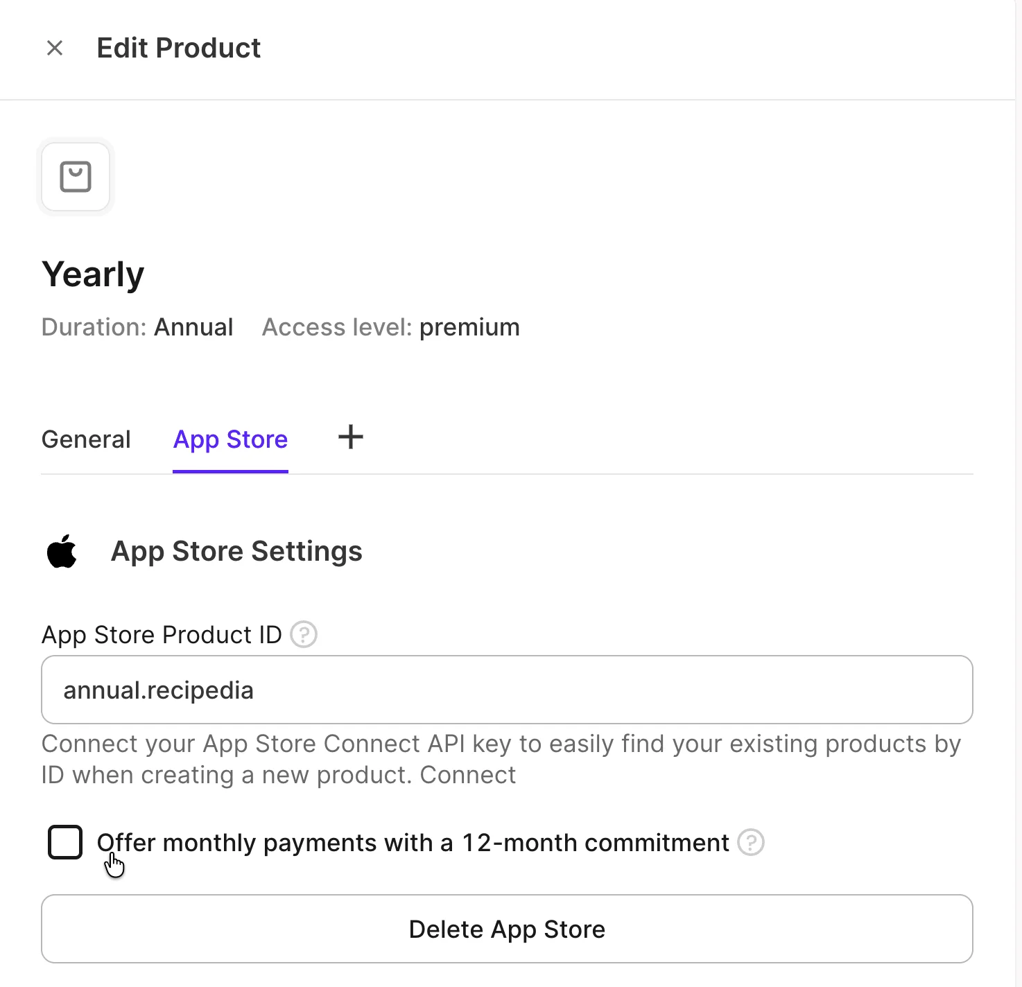 App Store tab of a yearly product with the Offer monthly payments with a 12-month commitment checkbox