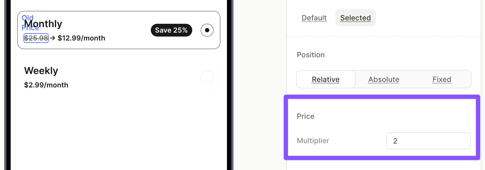 Design panel with the Price section and the Multiplier field for an Old Price element