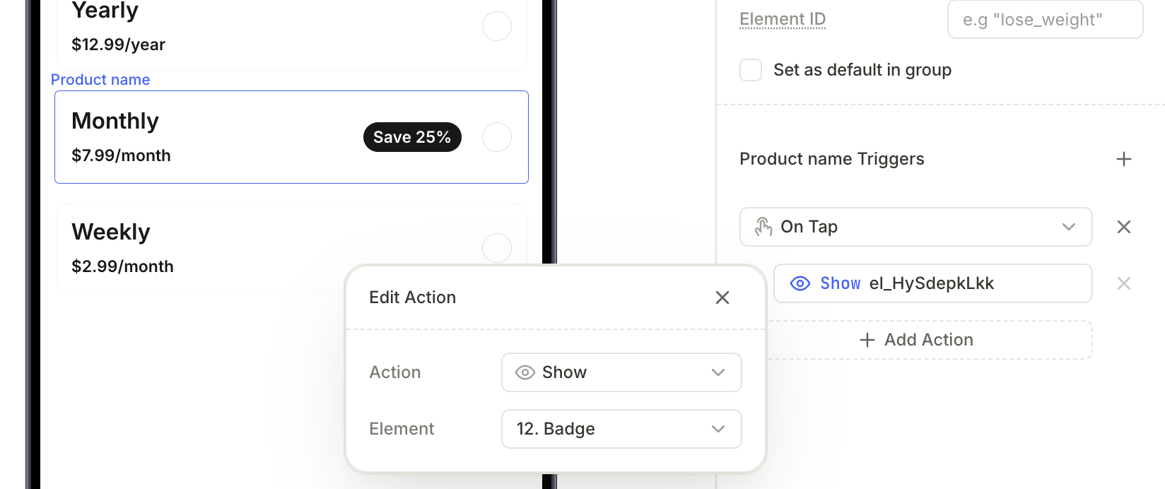 Show/Hide action in the Interactions tab