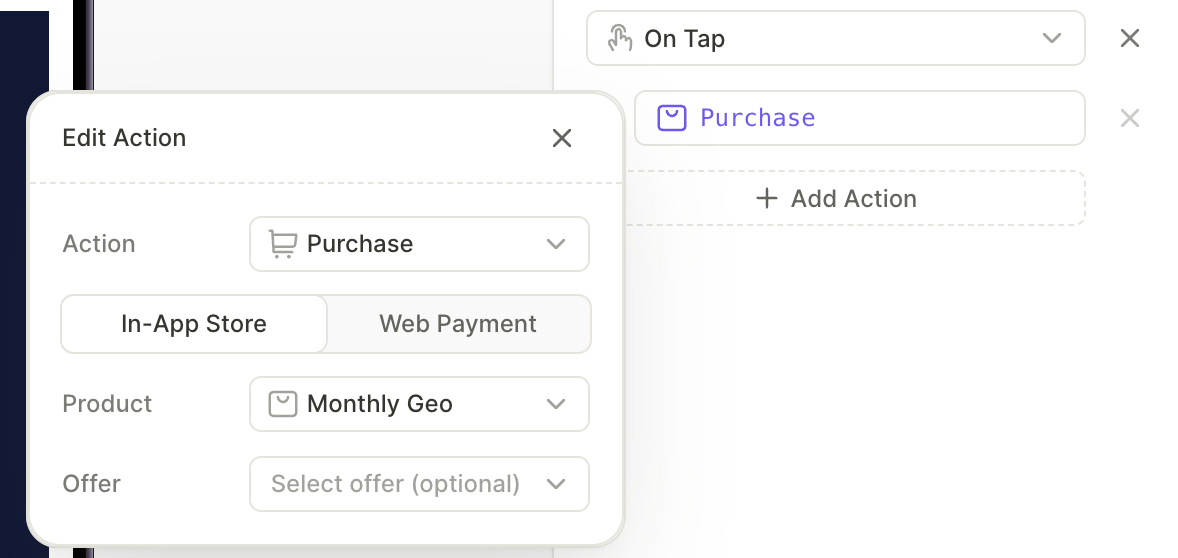 Purchase action configuration in the Edit action window