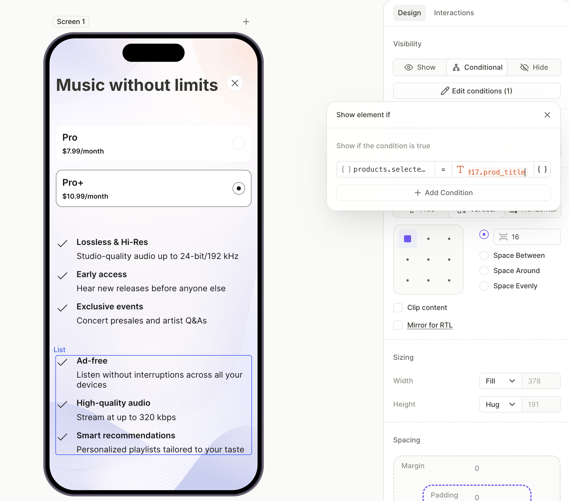 Second feature list with conditional visibility tied to the second product