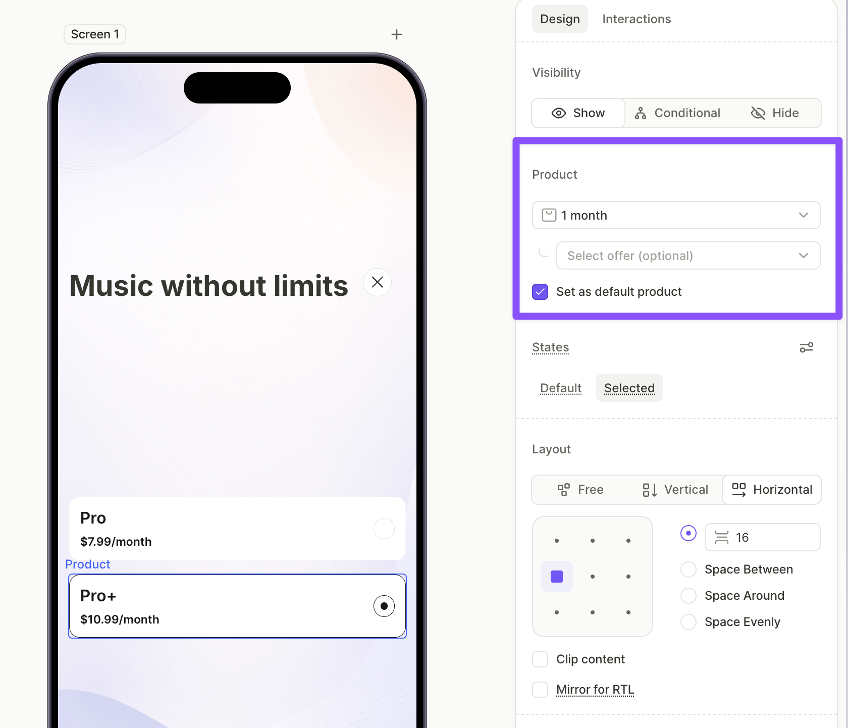 Two products on the screen with one marked as default