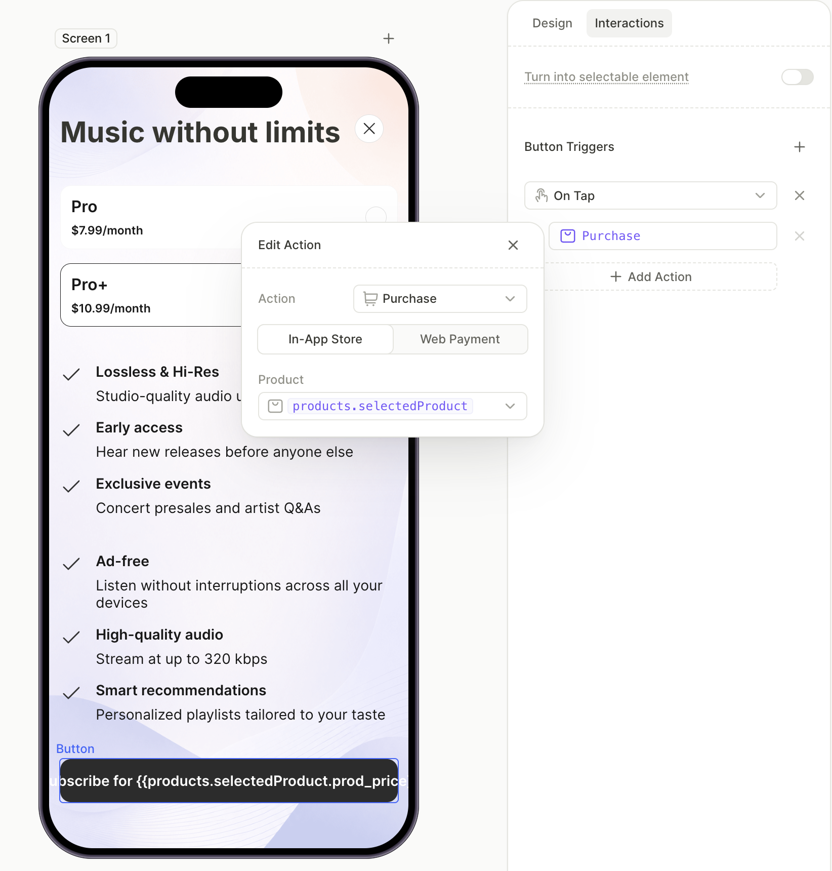 Purchase button with the selected product price variable in the label