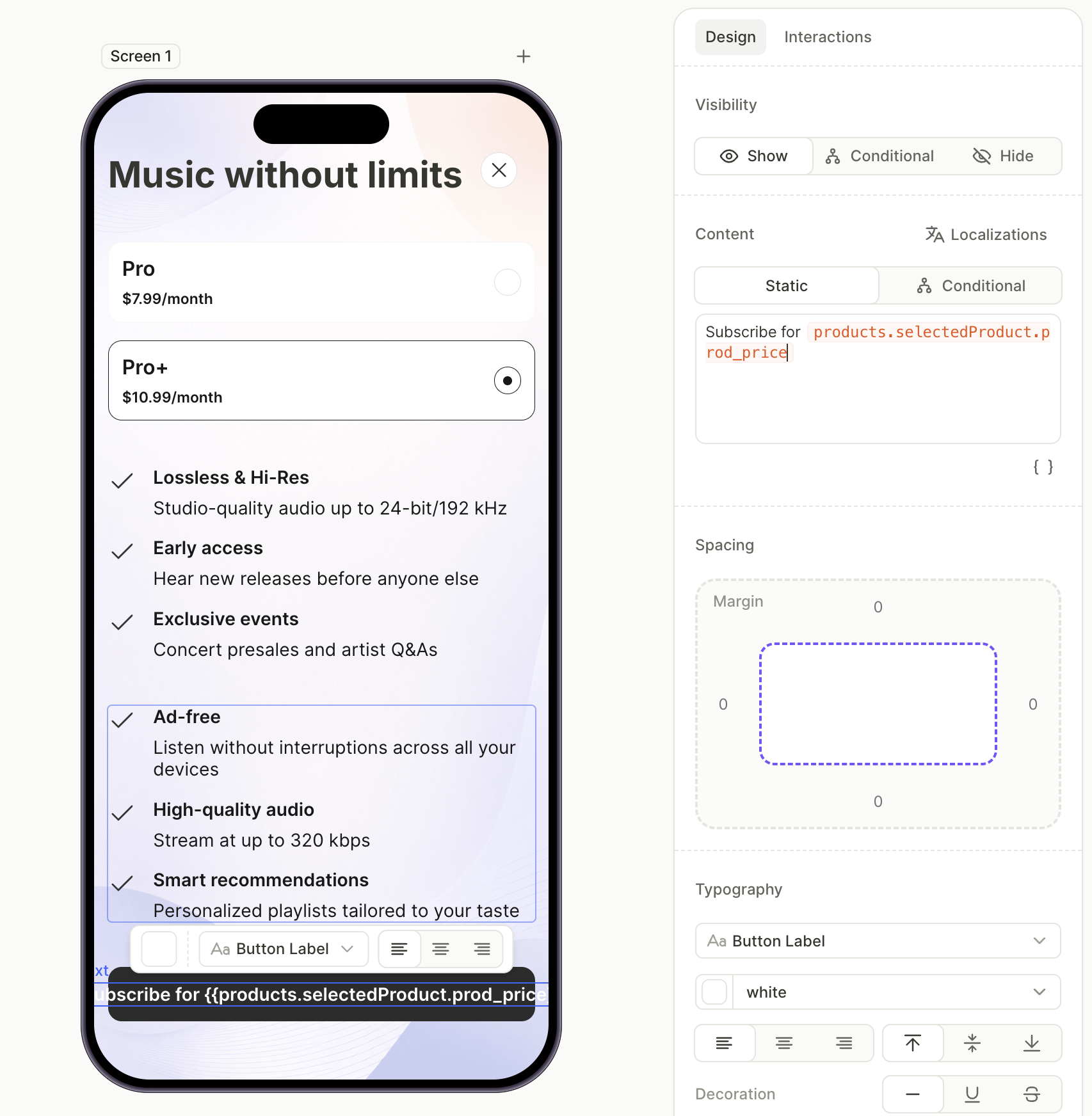 Purchase button with the selected product price variable in the label
