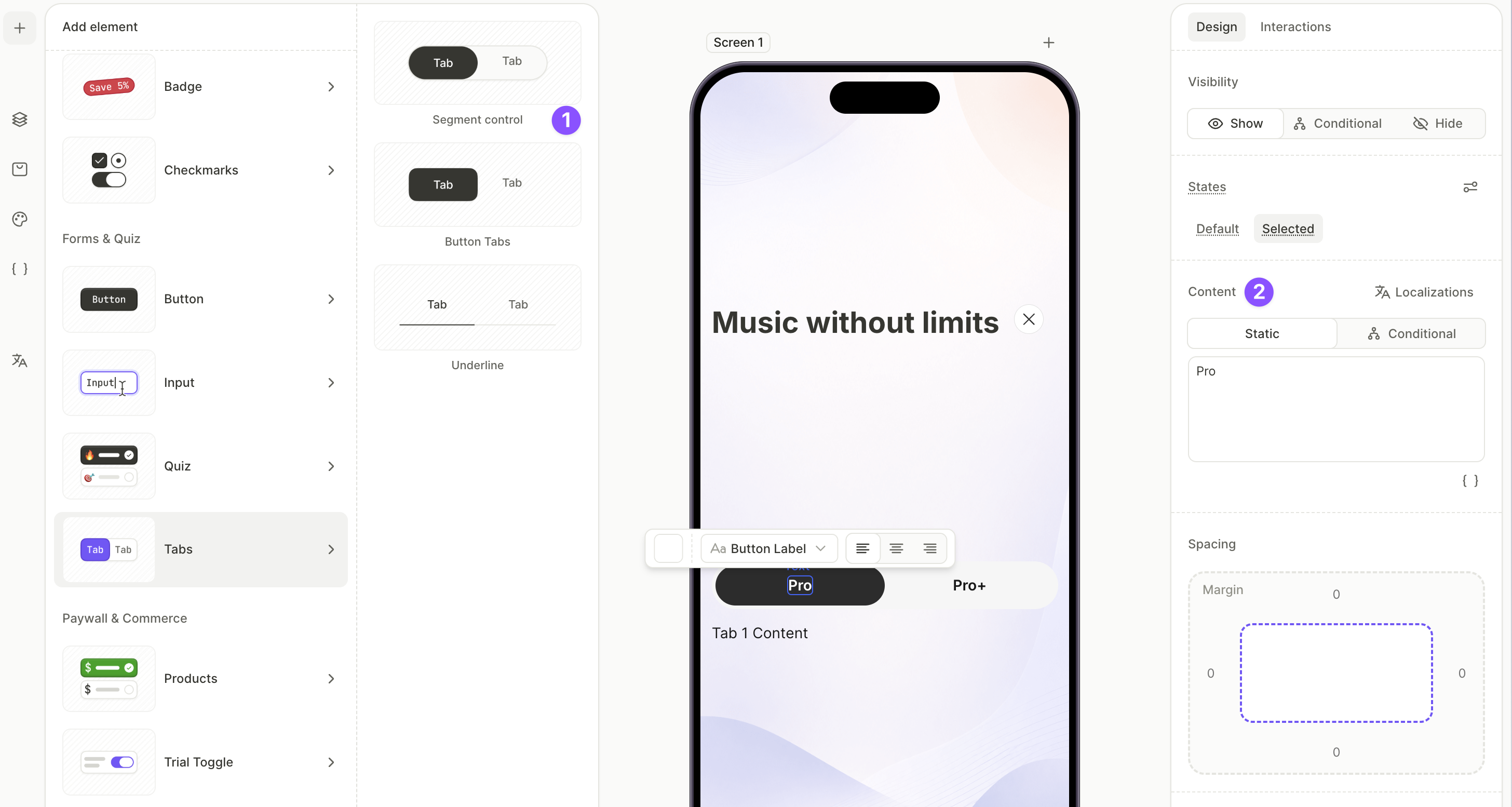 Tabs element with two configured labels