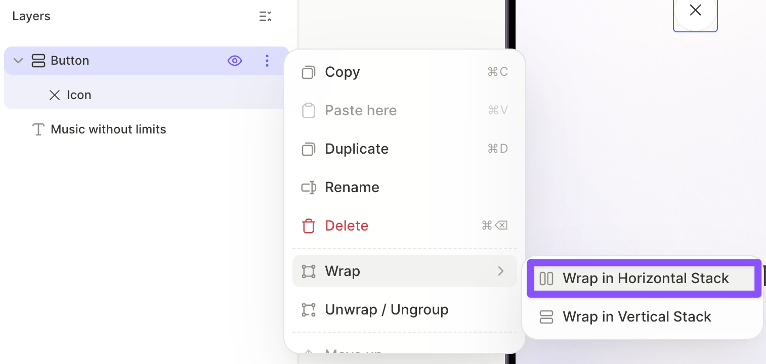Close button wrapped in a horizontal stack