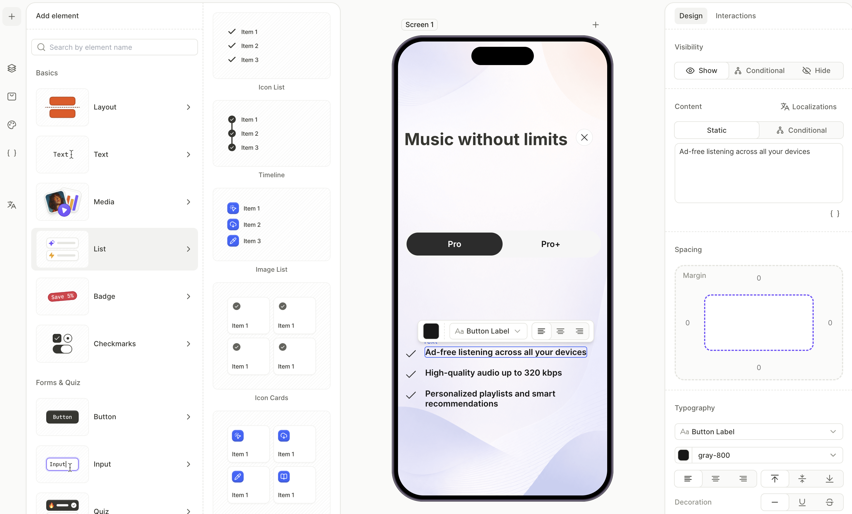 Feature list inside the first tab's content container