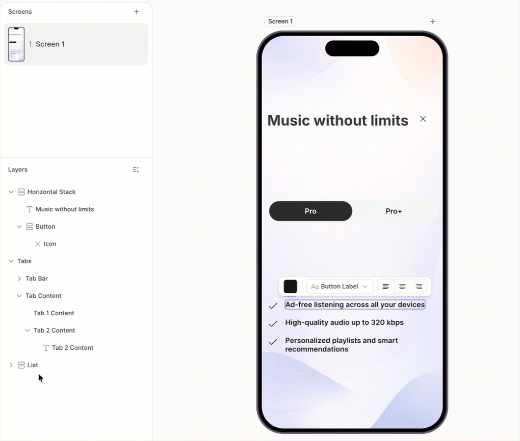 Feature list inside the first tab's content container