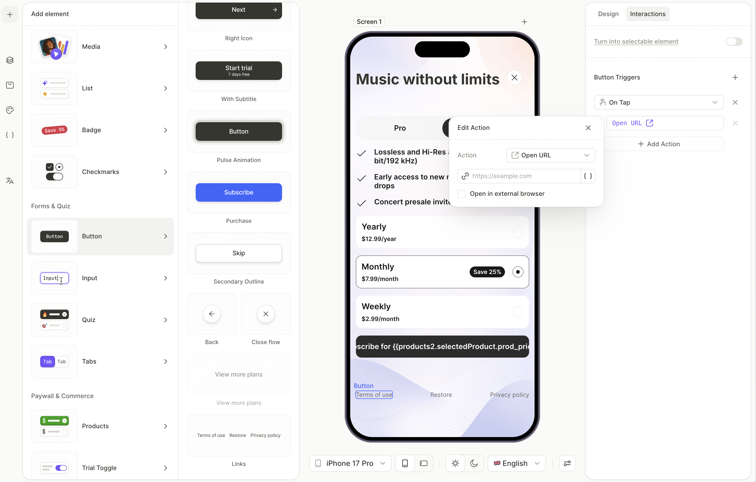 Shared footer links at the bottom of the screen, outside both tabs