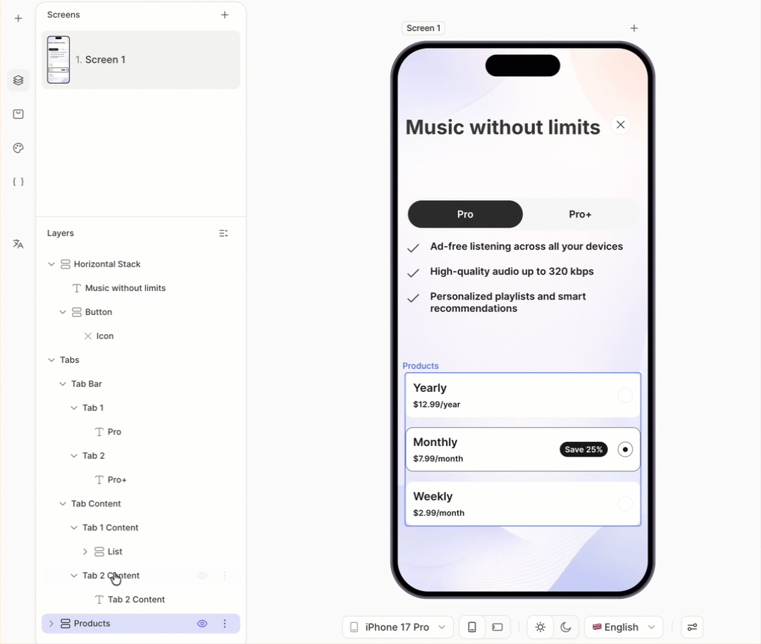 Configuring the Products element and dragging it into the first tab's Content container