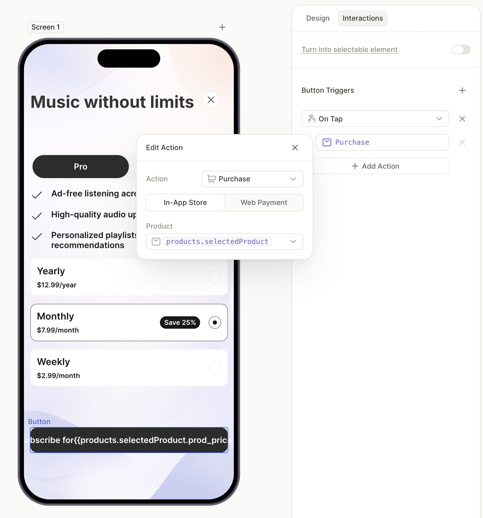 Purchase button inside the first tab with the selected product price in the label